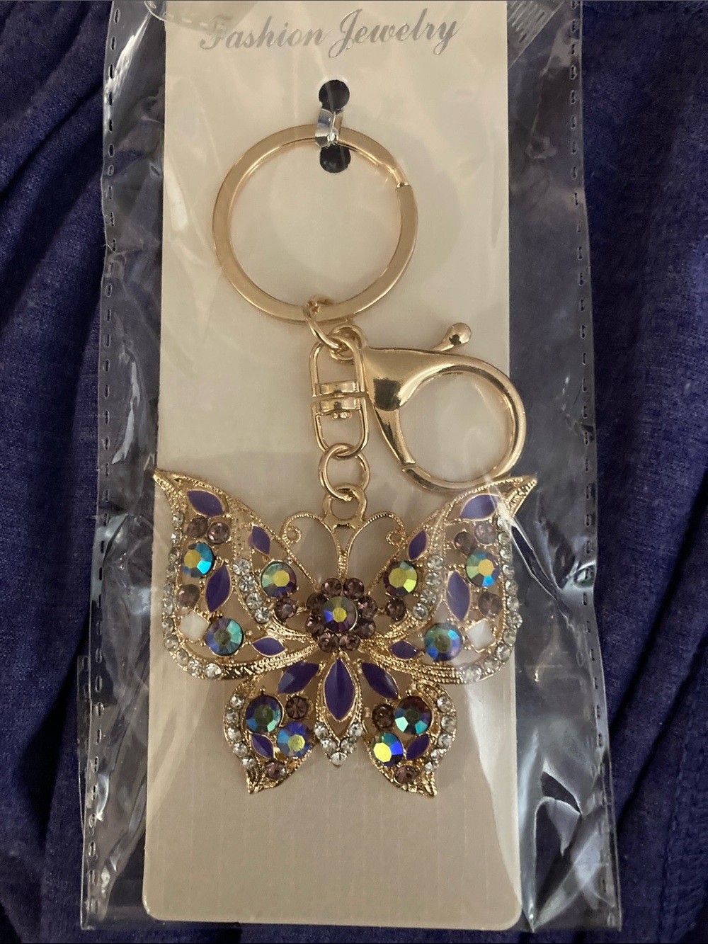 Fashion Jewelry Gold Butterfly Keychain/bag charm w/ Multi Color Crystal Accents